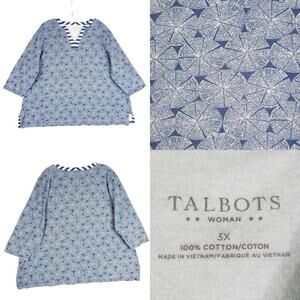Talbots Shirt Stretch Blue White Plus Size 3X Cotton Popover Geometric